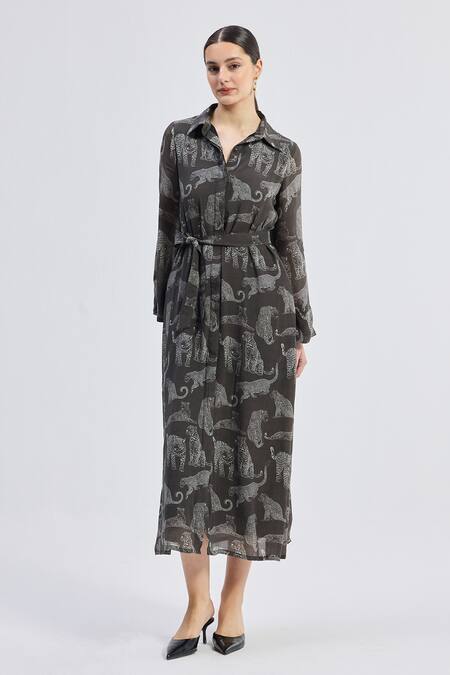 Buy_Reistor_Gray Cotton Collared Animal Print Maxi Dress _Online_at_Aza_Fashions