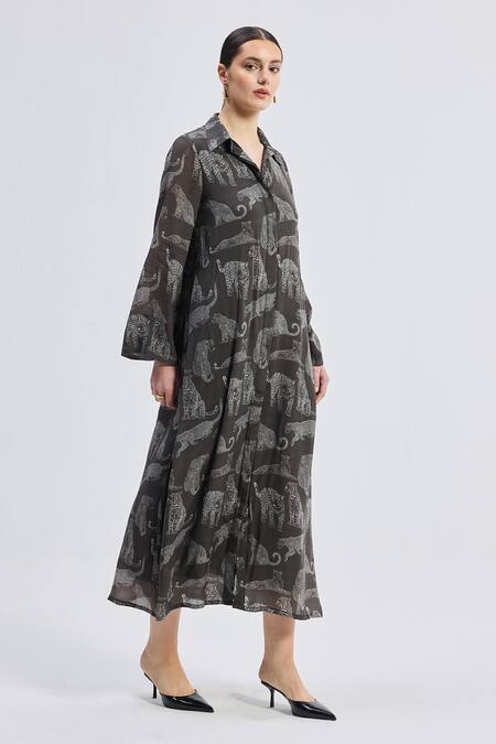 Reistor_Gray Cotton Collared Animal Print Maxi Dress _at_Aza_Fashions