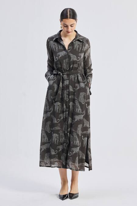 Buy_Reistor_Gray Cotton Collared Animal Print Maxi Dress 