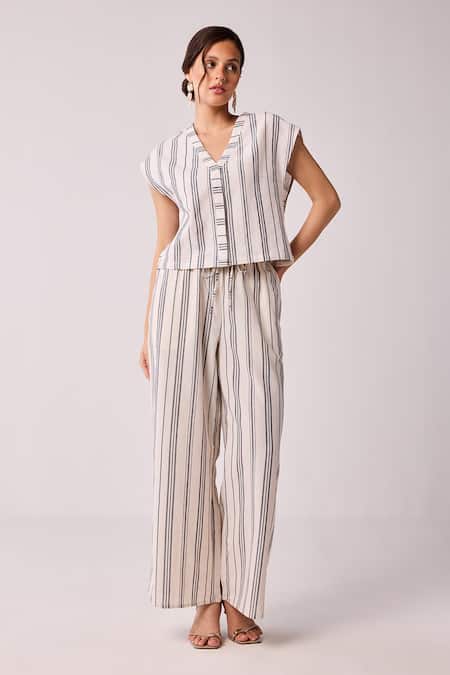 Reistor_Off White Cotton Striped Organic Wide Legged Pant _at_Aza_Fashions
