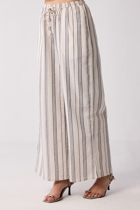 Buy_Reistor_Off White Cotton Striped Organic Wide Legged Pant 