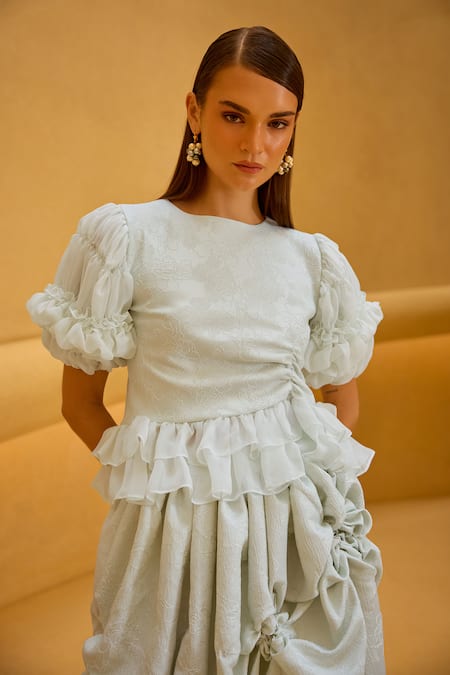 Buy_Therealb_Aqua Jacquard Ruffles Round Neck Top And Gathered Skirt Set _Online_at_Aza_Fashions