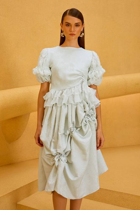 Shop_Therealb_Aqua Jacquard Ruffles Round Neck Top And Gathered Skirt Set _Online_at_Aza_Fashions