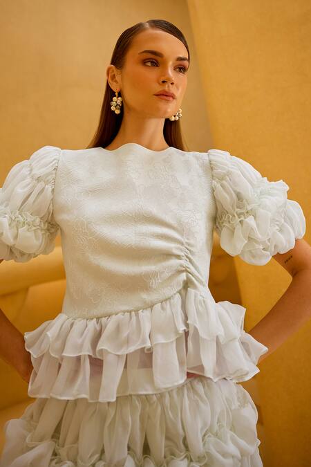 Buy_Therealb_Green Jacquard, Organza Ruffles Round Neck And Top & Skirt Set _Online_at_Aza_Fashions