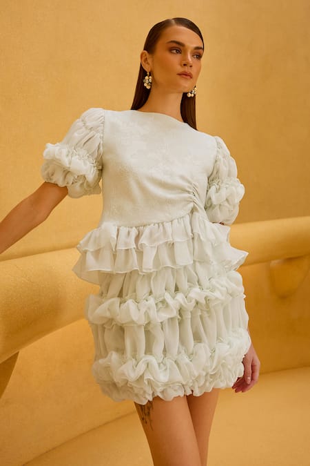 Shop_Therealb_Green Jacquard, Organza Ruffles Round Neck And Top & Skirt Set _Online_at_Aza_Fashions