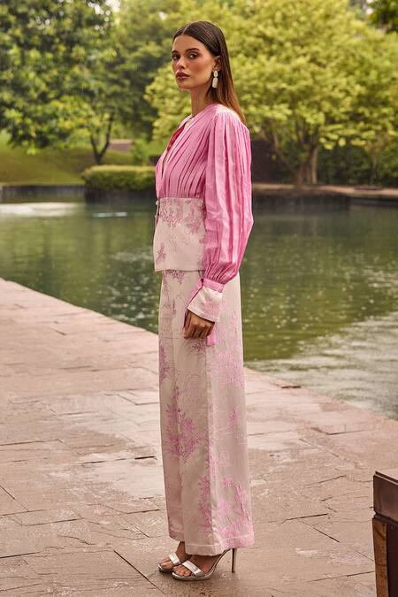 Buy_Therealb_Pink Jacquard Embroidery V-neck Pleated Top And Trouser Set _Online_at_Aza_Fashions