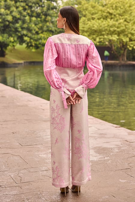 Therealb Jacquard Pleated Top & Embroidered Trouser Set 