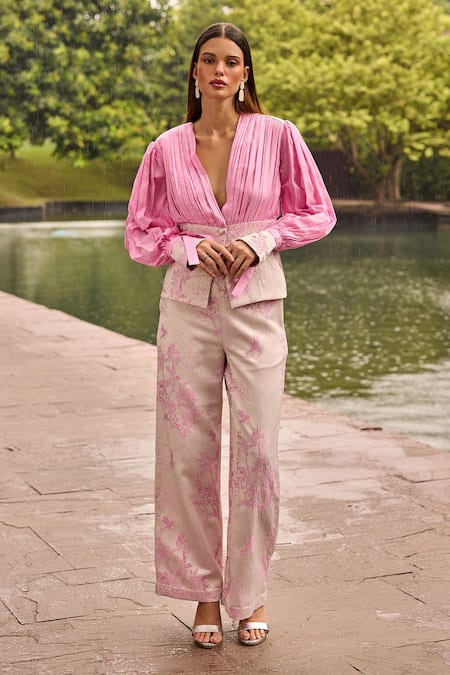 Therealb_Pink Jacquard Embroidery V-neck Pleated Top And Trouser Set _at_Aza_Fashions