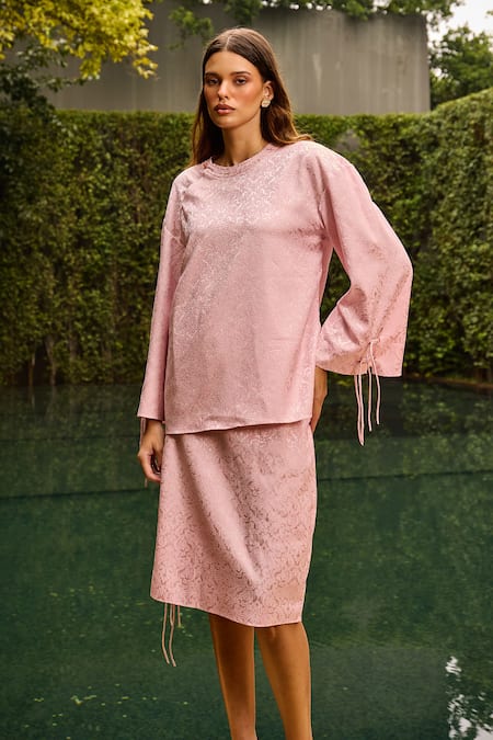 Buy_Therealb_Pink Jacquard Round Neck Pattern Top And Skirt Set _Online_at_Aza_Fashions