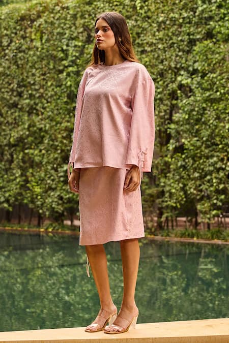 Shop_Therealb_Pink Jacquard Round Neck Pattern Top And Skirt Set _Online_at_Aza_Fashions