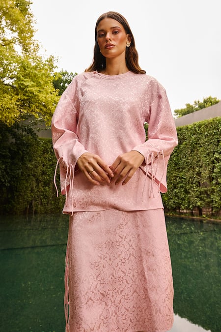 Therealb_Pink Jacquard Round Neck Pattern Top And Skirt Set _at_Aza_Fashions