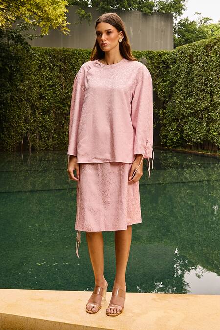 Shop_Therealb_Pink Jacquard Round Neck Pattern Top And Skirt Set 