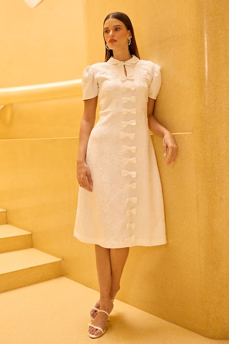 Therealb White Jacquard Bows, Embroidery Collared, Keyhole Neck Floral Detail Dress 