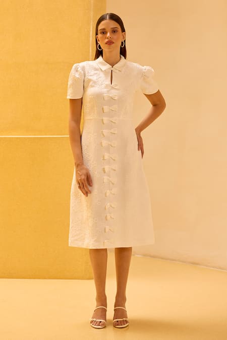 Buy Therealb White Jacquard Bows, Embroidery Collared, Keyhole Neck Floral Detail Dress Online at Aza Fashions Buy_Therealb_White Jacquard Bows, Embroidery Collared, Keyhole Neck Floral Detail Dress _Online_at_Aza_Fashions