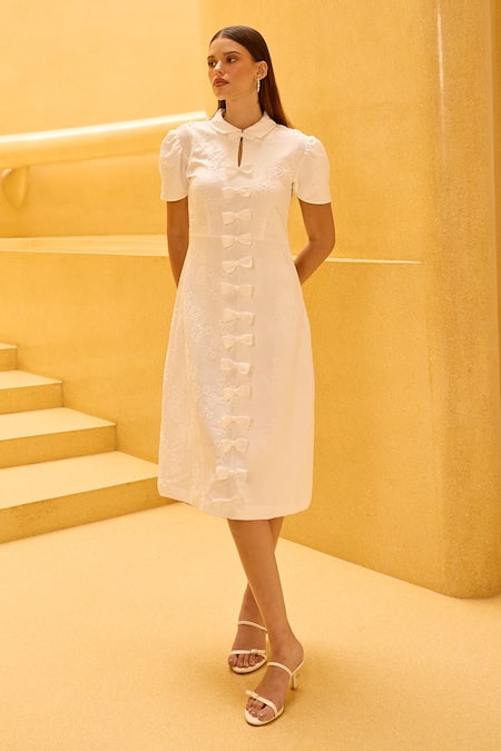 Therealb White Jacquard Bows, Embroidery Collared, Keyhole Neck Floral Detail Dress at Aza Fashions Therealb_White Jacquard Bows, Embroidery Collared, Keyhole Neck Floral Detail Dress _at_Aza_Fashions