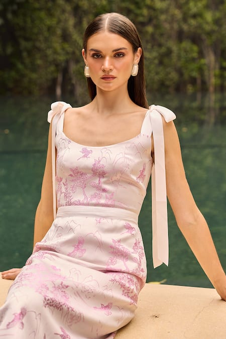 Therealb_Pink Jacquard Scoop Neck Floral Midi Dress _Online_at_Aza_Fashions