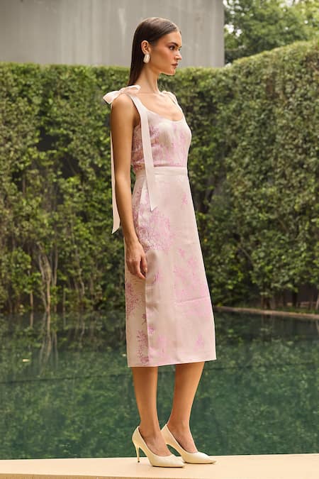 Shop_Therealb_Pink Jacquard Scoop Neck Floral Midi Dress _Online_at_Aza_Fashions