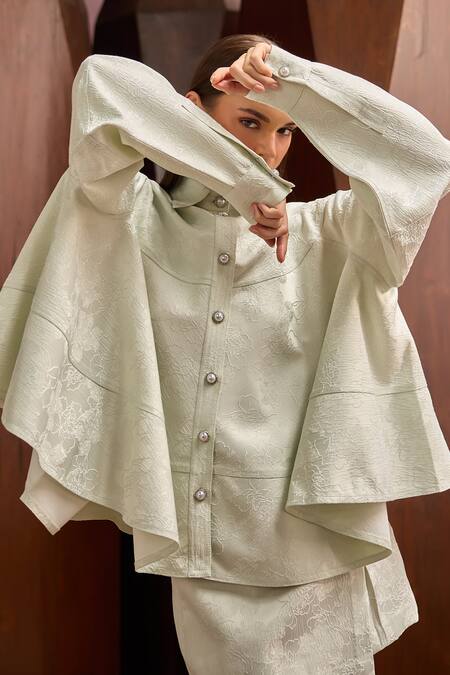 Shop Therealb Green Jacquard Collared Textured Oversized Shirt And Skorts Set Online at Aza Fashions Shop_Therealb_Green Jacquard Collared Textured Oversized Shirt And Skorts Set _Online_at_Aza_Fashions