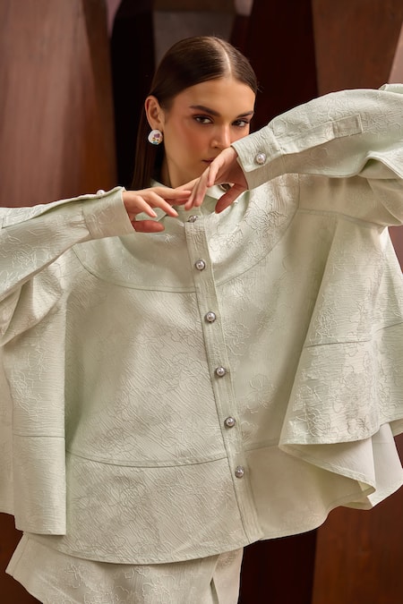 Therealb Green Jacquard Collared Textured Oversized Shirt And Skorts Set at Aza Fashions Therealb_Green Jacquard Collared Textured Oversized Shirt And Skorts Set _at_Aza_Fashions