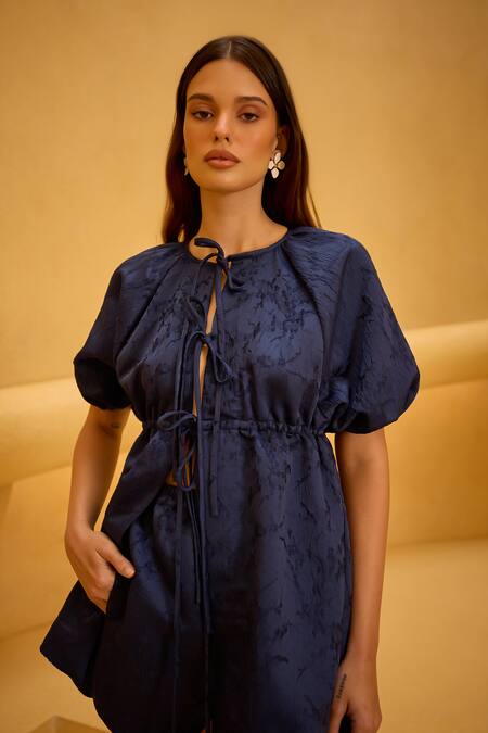 Shop_Therealb_Navy Jacquard Split V-neck Gathered Top And Shorts Set _Online_at_Aza_Fashions