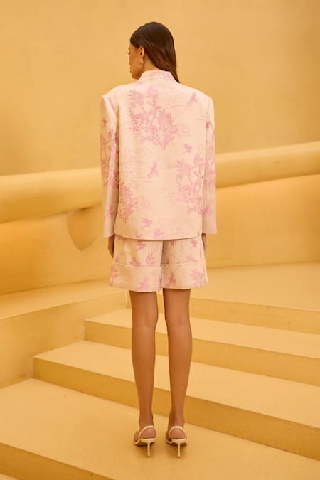 Therealb Jacquard Mandarin Collar Top & Shorts Set 