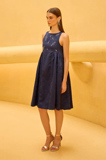 Buy Therealb Navy Jacquard Beads Round Neck Embroidered Sleeveless Dress Online at Aza Fashions Buy_Therealb_Navy Jacquard Beads Round Neck Embroidered Sleeveless Dress _Online_at_Aza_Fashions