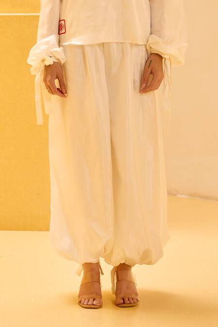 Therealb_White Taffeta Embroidery V-neck Sailor Collar Top And Bubble Pant Set _Online_at_Aza_Fashions