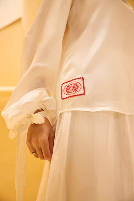 Buy_Therealb_White Taffeta Embroidery V-neck Sailor Collar Top And Bubble Pant Set _Online_at_Aza_Fashions