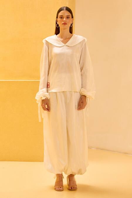 Shop_Therealb_White Taffeta Embroidery V-neck Sailor Collar Top And Bubble Pant Set _Online_at_Aza_Fashions
