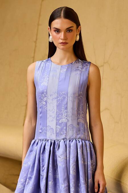 Therealb_Lavender Jacquard Round Neck Sleeveless Drop Waist Dress _Online_at_Aza_Fashions