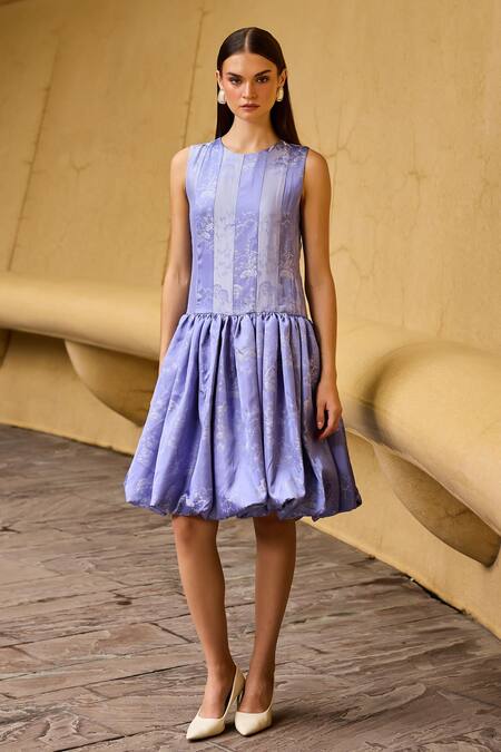Therealb_Lavender Jacquard Round Neck Sleeveless Drop Waist Dress _at_Aza_Fashions