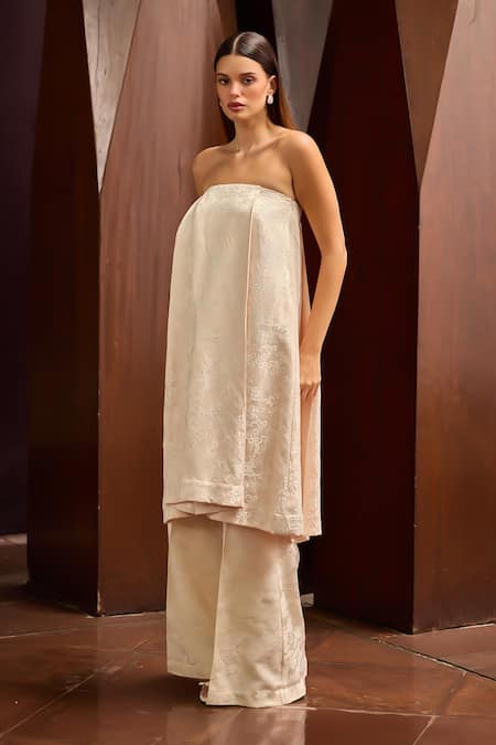Therealb_Beige Jacquard Embroidery Bandeau Neck Strapless Long Top And Pant Set _Online_at_Aza_Fashions