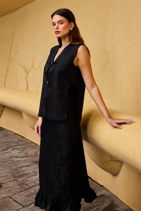 Shop_Therealb_Black Jacquard V-neck Vest And Skirt Set _Online_at_Aza_Fashions