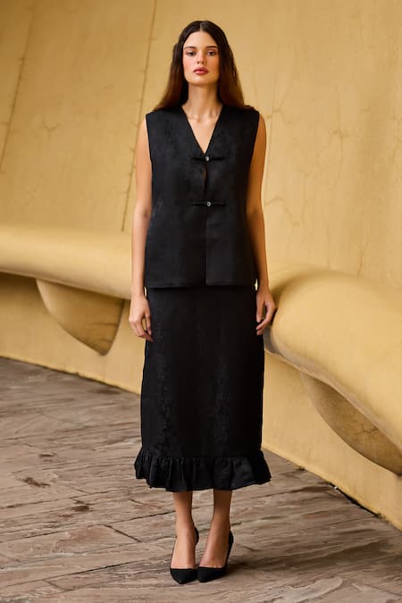 Therealb_Black Jacquard V-neck Vest And Skirt Set _at_Aza_Fashions