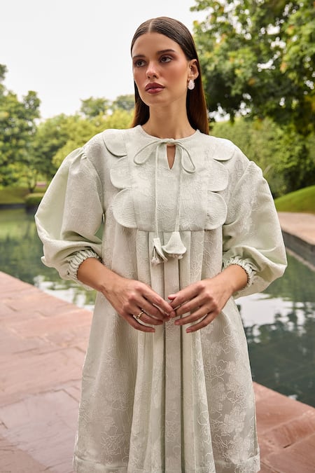 Buy_Therealb_Green Jacquard Keyhole Neck Short Dress _Online_at_Aza_Fashions