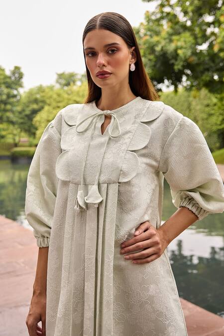 Shop_Therealb_Green Jacquard Keyhole Neck Short Dress _Online_at_Aza_Fashions