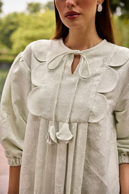 Therealb_Green Jacquard Keyhole Neck Short Dress _at_Aza_Fashions