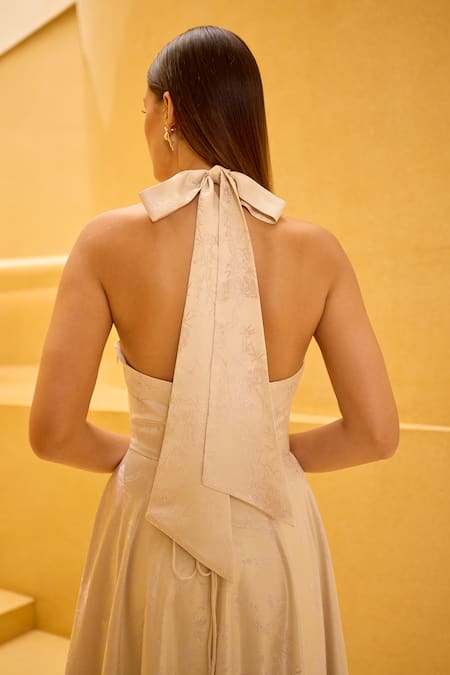 Therealb_Ivory Jacquard Halter Neck Flared Dress _Online_at_Aza_Fashions