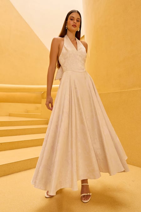 Shop_Therealb_Ivory Jacquard Halter Neck Flared Dress _Online_at_Aza_Fashions