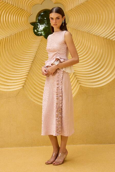 Therealb Pink Jacquard Round Neck Ruched Peplum Top And Skirt Set Online at Aza Fashions Therealb_Pink Jacquard Round Neck Ruched Peplum Top And Skirt Set _Online_at_Aza_Fashions