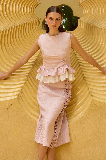 Shop Therealb Pink Jacquard Round Neck Ruched Peplum Top And Skirt Set Online at Aza Fashions Shop_Therealb_Pink Jacquard Round Neck Ruched Peplum Top And Skirt Set _Online_at_Aza_Fashions