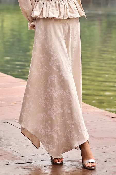 Therealb Ivory Jacquard High Neck Peplum Top And Asymmetric Skirt Set Online at Aza Fashions Therealb_Ivory Jacquard High Neck Peplum Top And Asymmetric Skirt Set _Online_at_Aza_Fashions