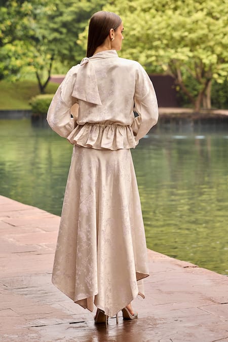 Therealb Jacquard Peplum Top & Asymmetric Skirt Set 