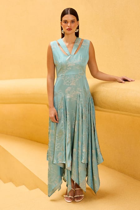 Therealb Aqua Jacquard V-neck V Asymmetric Dress 