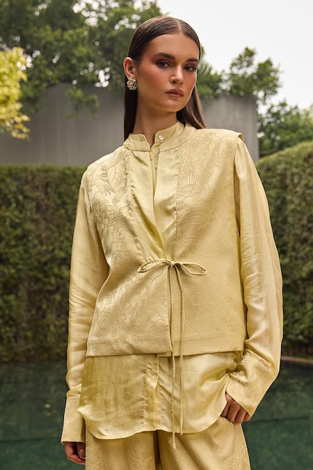 Therealb_Yellow Jacquard V-neck, Mandarin Collar Shirt And Trouser Set _Online_at_Aza_Fashions