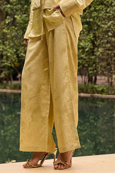 Shop_Therealb_Yellow Jacquard V-neck, Mandarin Collar Shirt And Trouser Set _Online_at_Aza_Fashions