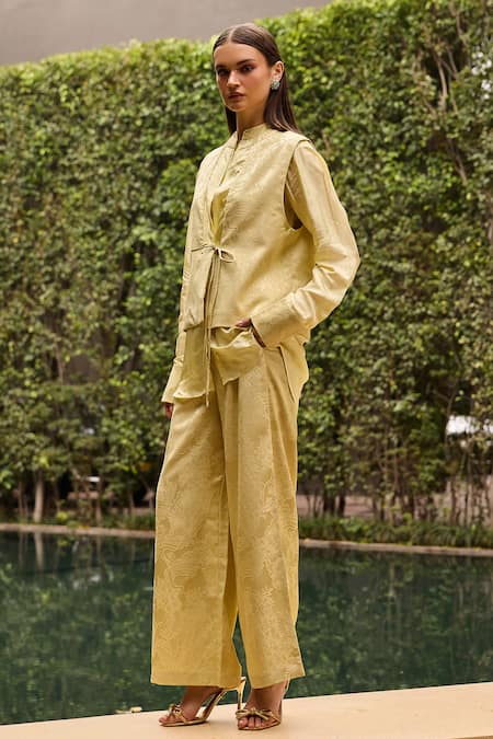 Therealb_Yellow Jacquard V-neck, Mandarin Collar Shirt And Trouser Set _at_Aza_Fashions