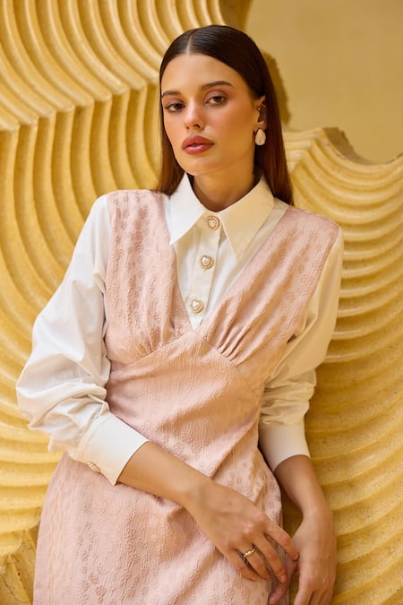 Therealb_Pink Jacquard V-neck Midi Dress _Online_at_Aza_Fashions