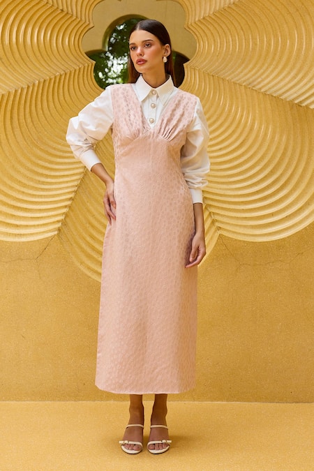 Therealb Pink Jacquard V-neck Midi Dress 