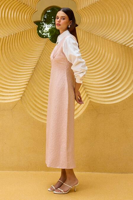 Buy_Therealb_Pink Jacquard V-neck Midi Dress _Online_at_Aza_Fashions